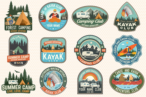 Set of summer camp, canoe and kayak club badges. Vector. For patch, stamp. Design with camping, mountain, river, american indian and kayaker silhouette. Extreme camp and water sport kayak patches