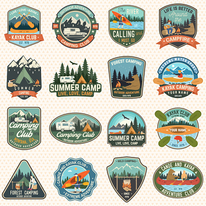 Set of camp and kayak club badges Vector. Concept for patch, shirt, print. Vintage design with camping, mountain, river, american indian, camper, kayaker silhouette. Extreme water sport kayak patches