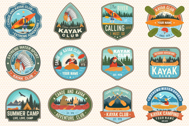 Set of canoe and kayak club badges Vector. Concept for patch, shirt, print or tee. Vintage design with mountain, river, american indian and kayaker silhouette. Extreme water sport kayak patches Set of canoe and kayak club badges Vector. Concept for patch, shirt, print, stamp or tee. Vintage design with mountain, river, american indian and kayaker silhouette. Extreme water sport kayak patches rafting kayak kayaking river stock illustrations