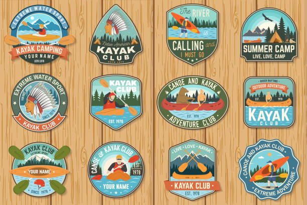 ilustrações de stock, clip art, desenhos animados e ícones de set of canoe and kayak club badges vector. concept for patch, shirt, print or tee. vintage design with mountain, river, american indian and kayaker silhouette. extreme water sport kayak patches - retro revival basketball american culture sport