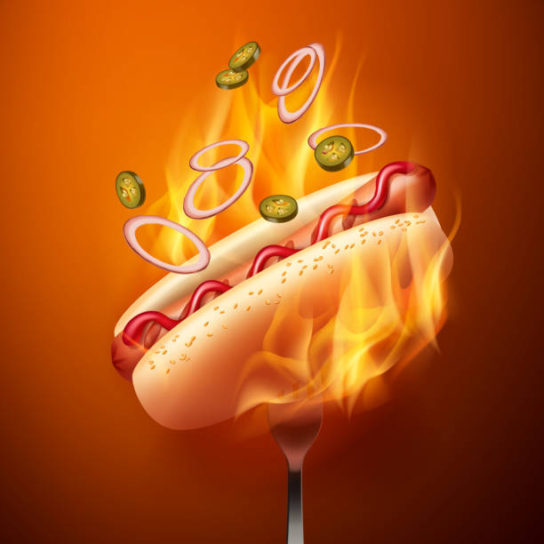 ilustrações de stock, clip art, desenhos animados e ícones de vector illustration of hot dog with grilled sausage in bun with sesame and falling jalapenos and onion on fork in fire - buns of steel