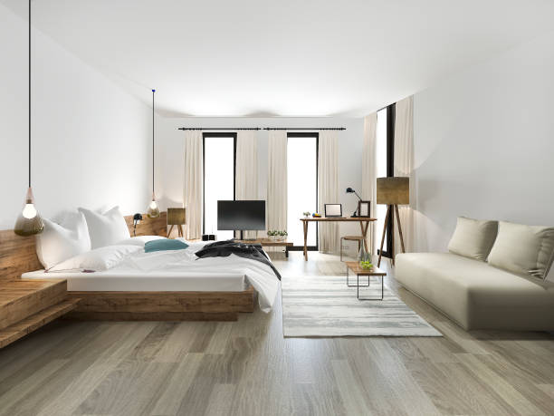 istock 3d rendering wood minimal style bedroom with view from window 1131331849