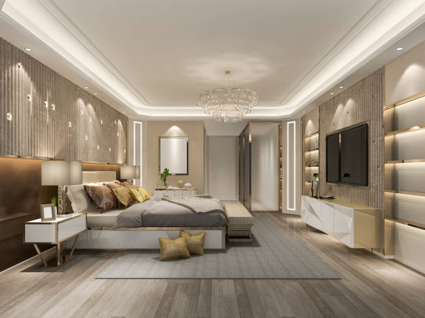 istock 3d rendering beautiful luxury bedroom suite in hotel with tv 1131331861