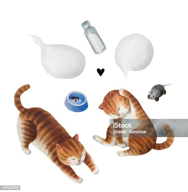 Set Of Watercolor Cats And Bubbles Stock Illustration - Download Image Now - Domestic Cat, Undomesticated Cat, Watercolor Painting
