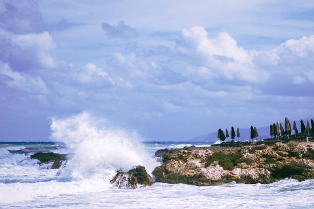 Bad weather in the resort. Closed beach and no swimming. Dangerously high waves and strong wind.