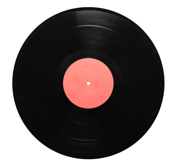 istock Black vinyl record lp album disc, isolated long play disk with blank label in red 1131334344