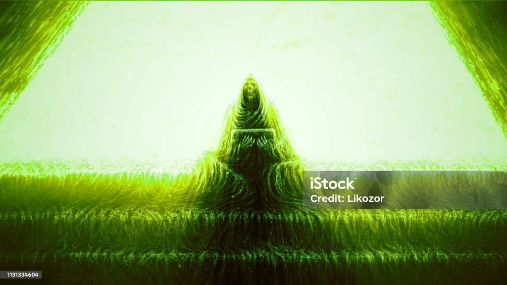 Skeleton of monk sits on steps. Green background. Skeleton of monk sits on steps and holds box. Horror genre. Green color background. Ancient stock illustration