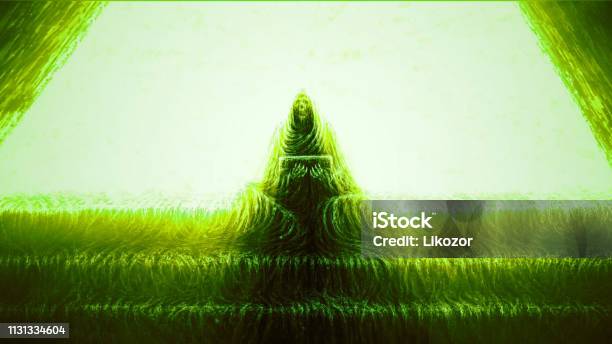 Skeleton Of Monk Sits On Steps Green Background Stock Illustration - Download Image Now - Ancient, Antiquities, Archaeology