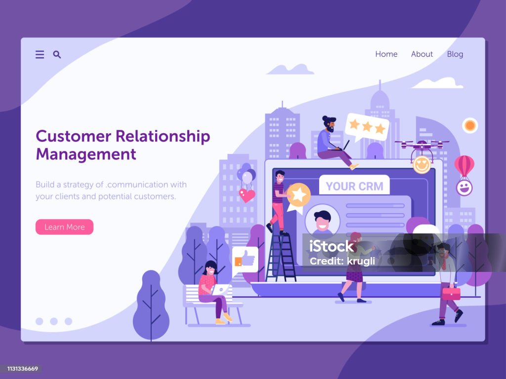 CRM Service Landing Page Customer relationship management platform landing page template with happy clients leaving positive feedback. CRM service web banner with people gathering positive user experience on database. Customer Relationship Management stock vector