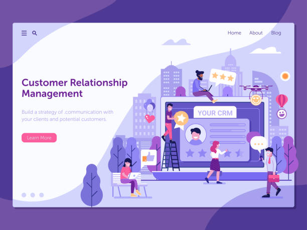 CRM Service Landing Page Customer relationship management platform landing page template with happy clients leaving positive feedback. CRM service web banner with people gathering positive user experience on database. hotline background stock illustrations