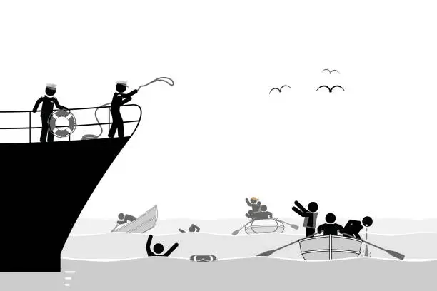 Vector illustration of Coast guard rescuing migrants from unsafe boats