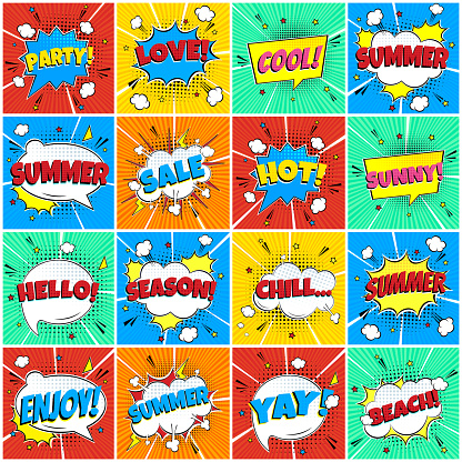 16 Comic Lettering Summer In The Speech Bubbles Comic Flat Design Set. Dynamic Pop Art Vector Illustration Isolated On Rays Background. Exclamation Concept Of Comic Book Style Pop Art Voice Phrase.