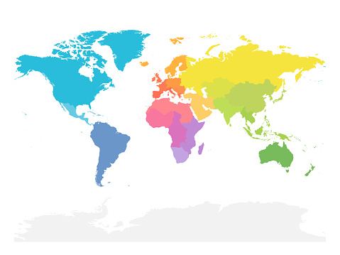 Colorful map of World divided into regions. Simple flat vector illustration.