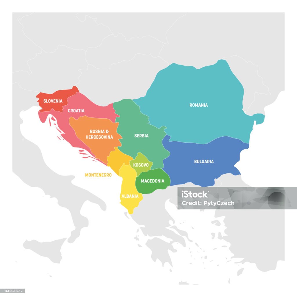 Región sureste de Europa. Mapa colorido de los países de la península de los Balcanes. Ilustración vectorial - arte vectorial de Mapa libre de derechos