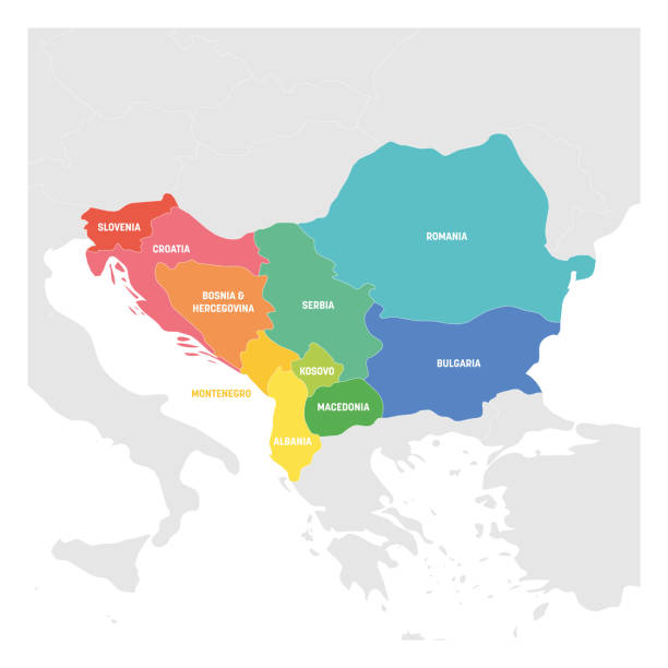 ilustrações de stock, clip art, desenhos animados e ícones de southeast europe region. colorful map of countries of balkan peninsula. vector illustration - peninsula