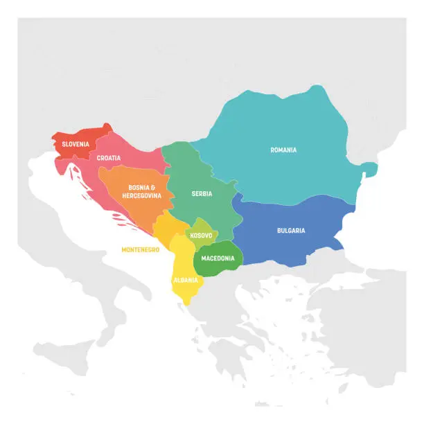Vector illustration of Southeast Europe Region. Colorful map of countries of Balkan Peninsula. Vector illustration