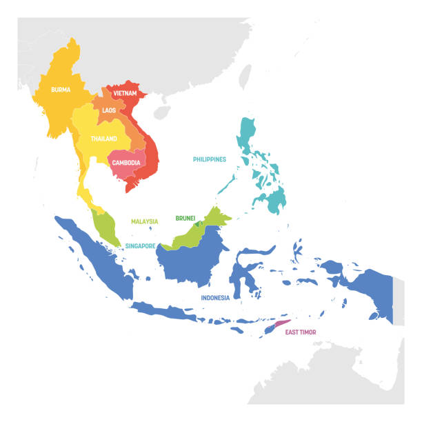 illustrazioni stock, clip art, cartoni animati e icone di tendenza di regione del sud-est asiatico. mappa colorata dei paesi del sud-est asiatico. illustrazione vettoriale - sud est asiatico