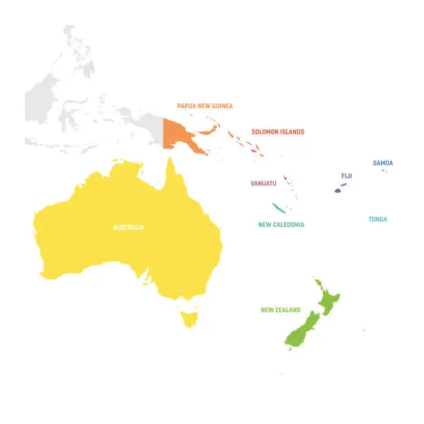 Vector illustration of Australia and Oceania Region. Colorful map of countries in South Pacific Ocean. Vector illustration