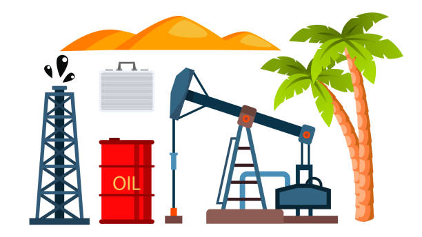 ilustrações de stock, clip art, desenhos animados e ícones de oil icons production extraction vector. isolated flat cartoon illustration - gas station gasoline refueling fuel pump