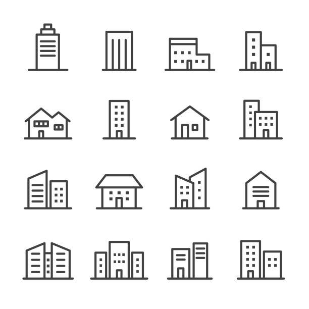 ilustraciones, imágenes clip art, dibujos animados e iconos de stock de iconos de construcción-serie de líneas - villa estructura de edificio