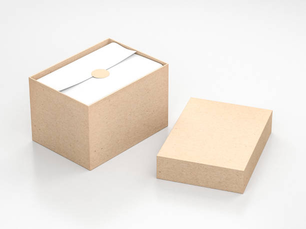 istock Opened large cardboard Box Mockup with cover and white wrapping paper and label 1131342213