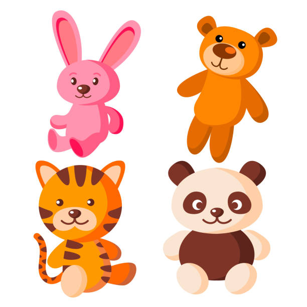 ilustraciones, imágenes clip art, dibujos animados e iconos de stock de niños juguetes blandos vector. oso, tigre, liebre, panda. ilustración de dibujos animados planos aislados - fluffy