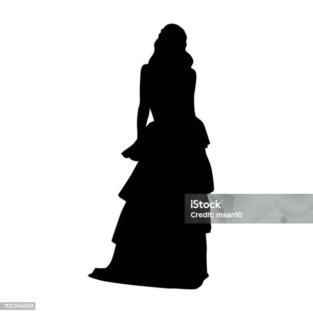 Woman With Long Hair Standing In Long Night Dress Isolated Vector Silhouette Front View Stock Illustration - Download Image Now