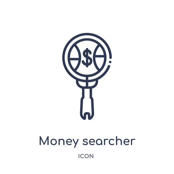 liniowa ikona wyszukiwania pieniędzy z kolekcji konspektu firmy. cienka ikona wyszukiwania pieniędzy linii izolowane na białym tle. wyszukiwarka pieniędzy modna ilustracja - searcher stock illustrations