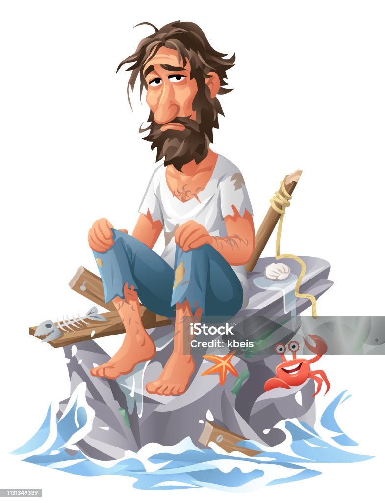 Shipwrecked Man Sitting On A Rock In The Sea Vector illustration of a scruffy, shipwrecked man sitting on a rock in the sea. Concept for loneliness, hopelessness, being lost, despair, hunger, thirst and survival. Shipwreck stock vector