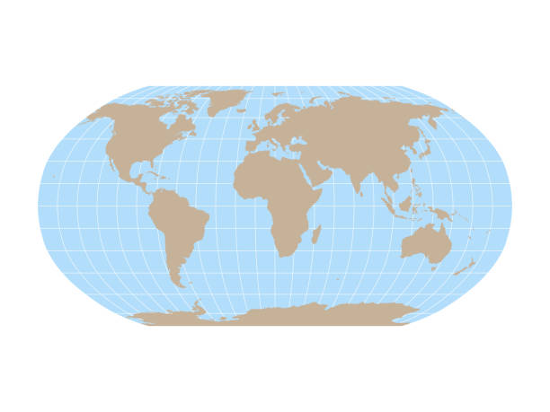 illustrazioni stock, clip art, cartoni animati e icone di tendenza di mappa del mondo in robinson proiezione con meridiani e griglia paralleli. terra marrone e mare blu. illustrazione vettoriale - latitudine