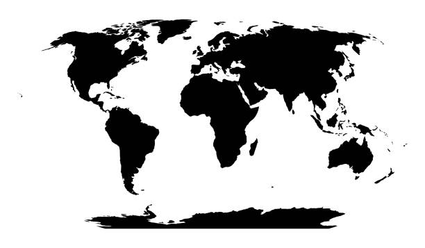 로빈슨 프로젝션 세계 지도. 단단한 검은 토지 실루엣입니다. 벡터 일러스트 - solid colors stock illustrations