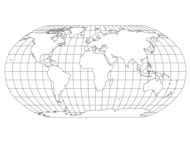 illustrazioni stock, clip art, cartoni animati e icone di tendenza di mappa del mondo in proiezione robinson con meridiani e griglia parallela. terra bianca con contorno nero. illustrazione vettoriale - latitudine