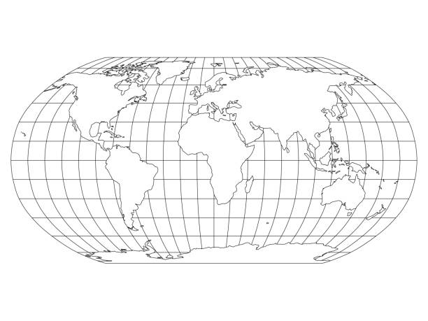 карта мира в проекции робинсона с меридианами и параллелями сетки. белая земля с черным контуром. иллюстрация вектора - longitude stock illustrations