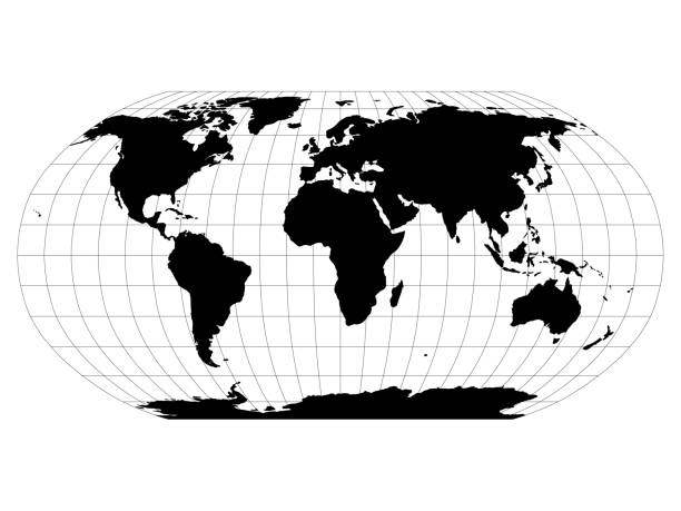World Map in Robinson Projection with meridians and parallels grid. Black land with black outline. Vector illustration World Map in Robinson Projection with meridians and parallels grid. Black land with black outline. Vector illustration. meridian mississippi stock illustrations
