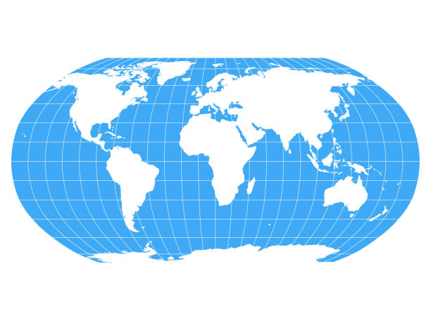 illustrazioni stock, clip art, cartoni animati e icone di tendenza di mappa del mondo in proiezione robinson con meridiani e griglia parallela. terra bianca e mare blu. illustrazione vettoriale - latitudine