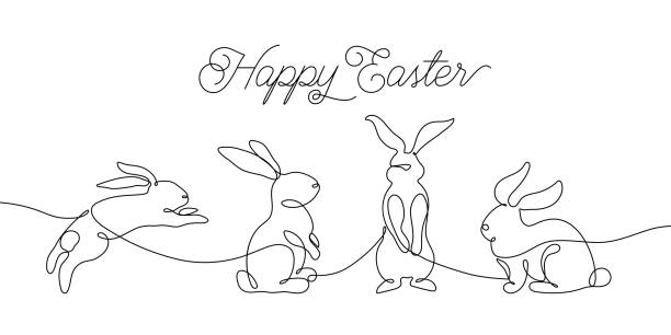 ilustraciones, imágenes clip art, dibujos animados e iconos de stock de tarjeta de felicitación del conejito de pascua en un estilo simple de la línea. icono de conejo. ilustración vectorial de concepto minimalista en blanco y negro - lagomorfos