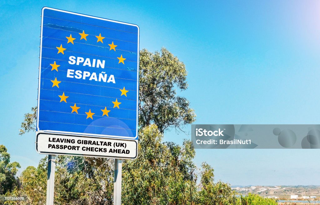 Hard contentious border from UK Territory of Gibraltar to Spain Hard contentious border from UK Territory of Gibraltar to Spain concept post-Brexit with passport checks and copy space Gibraltar Stock Photo