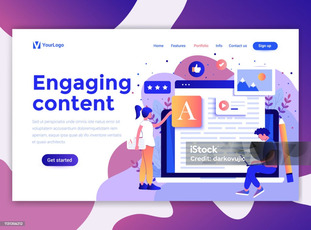 Flat Modern design of website template - Engaging content Landing page template of Engaging content. Modern flat design concept of web page design for website and mobile website. Easy to edit and customize. Vector illustration Blogging stock vector