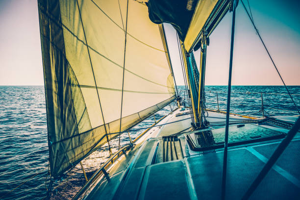 istock Sailing with sailboat at sunset 1131358188