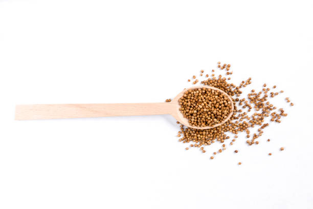 istock coriander seeds in wooden spoon isolated on white background. 1131358309