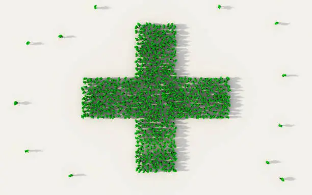 Photo of Large group of people forming green hospital icon in social media and community concept on white background. 3d sign of crowd illustration from above gathered together