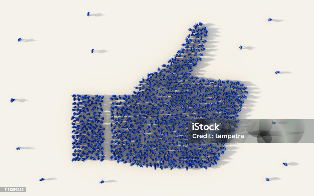 Large group of people forming a thumb up icon in business, like button in social media, and community concept on white background. 3d sign of crowd illustration from above gathered together Social Media Stock Photo