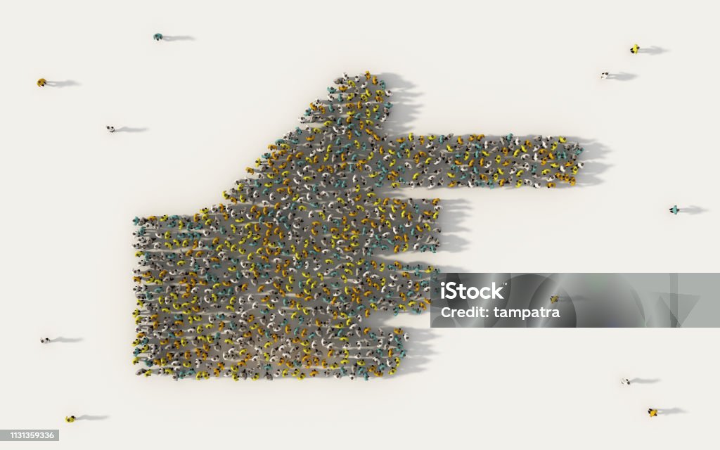 Large group of people forming human hand pointing with index finger icon in social media and community concept on white background. 3d sign of crowd illustration from above gathered together Hand Stock Photo