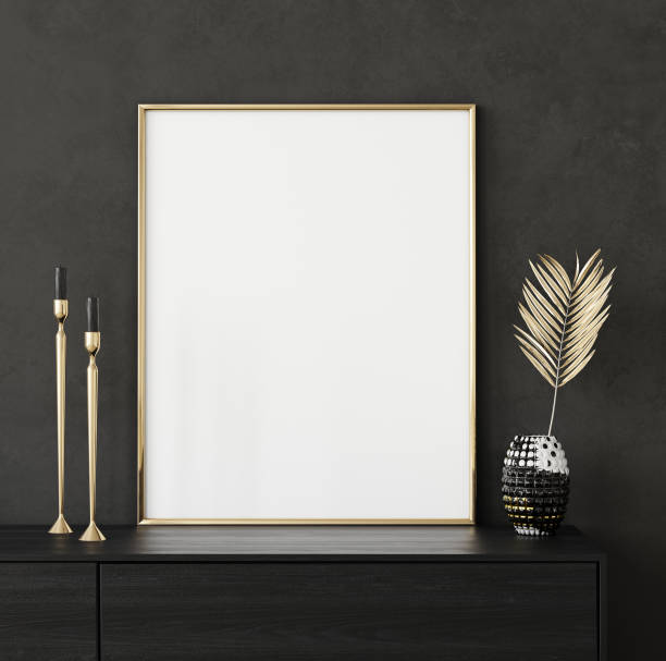 istock Mock up poster frame closeup in black interior background 1131363250