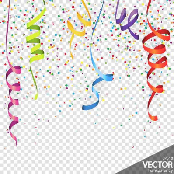 confetti and streamers party background illustration of colored confetti and streamers background for party or carnival usage with transparency in vector file streamer stock illustrations