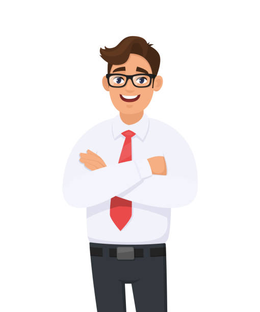 Portrait Of Handsome Young Man In White Shirt And Red Tie Keeping Arms  Crossed With Eyeglasses Businessman Standing With Folded Arms Pose Against  White Background In Vector Cartoon Illustration Stock Illustration -  Download Image Now - iStock