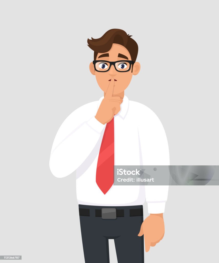 Portrait of young handsome businessman making shh gesture, keeping secret or asking silence with finger on lips. Keep quiet! Shh! Silence please! against gray/grey background in cartoon illustration. Finger on Lips stock vector