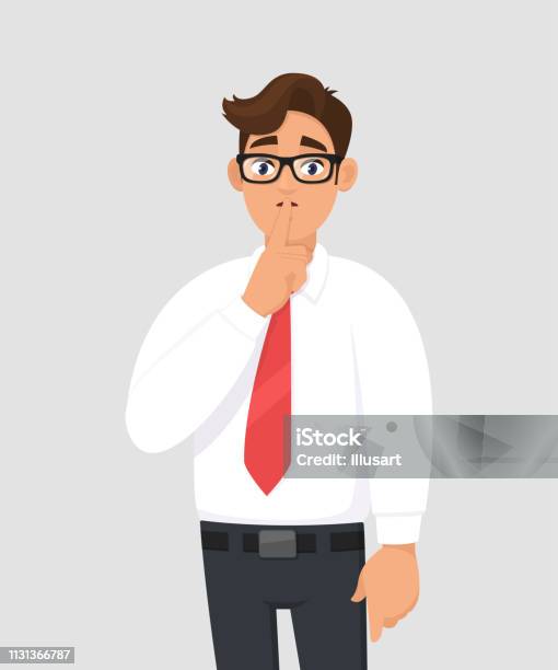 Portrait Of Young Handsome Businessman Making Shh Gesture Keeping Secret Or Asking Silence With Finger On Lips Keep Quiet Shh Silence Please Against Gray Grey Background In Cartoon Illustration Stock Illustration - Download Image Now
