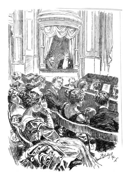 British satire comic cartoon illustrations - audience at theater - illustration From Punch's Almanack 1899. punch puppet stock illustrations
