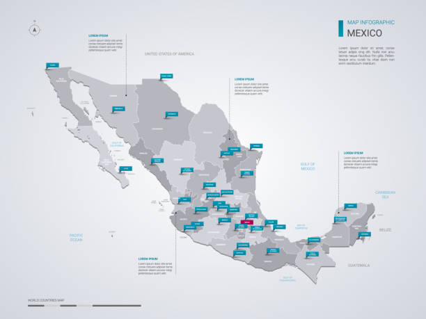 Mexico vector map with infographic elements, pointer marks. Mexico vector map with infographic elements, pointer marks. Editable template with regions, cities and capital. mexico stock illustrations